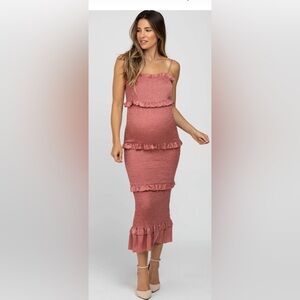 Mauve Satin Smocked Fitted Maternity Midi Dress - M